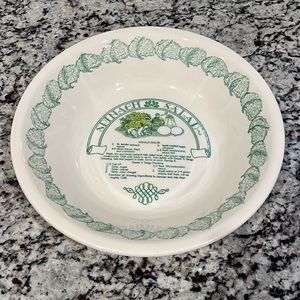 Vintage Garden Classics spinach salad serving bowl. Has recipe inside the bowl.